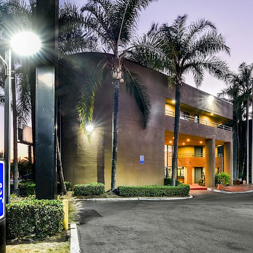 This image shows a Travelodge hotel building at dusk, surrounded by palm trees and illuminated lights, with the hotel sign clearly visible.